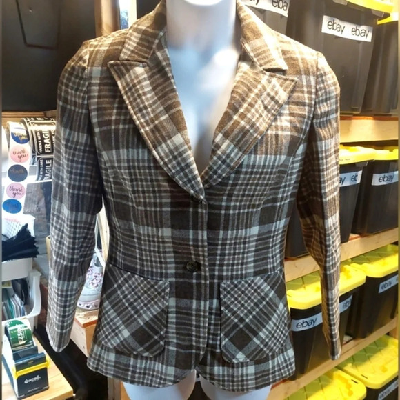 Vintage Pendleton Wool Brown Plaid Blazer Jacket Small Academia Preppy 12 - Picture 1 of 11